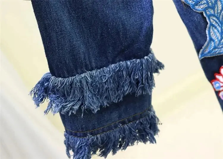 Spring Autumn Loose Vintage Flower Embroidered Denim Jacket Women Single-breasted Casual Raw Fringe Hole Jeans Jackets Female JNi3 shop