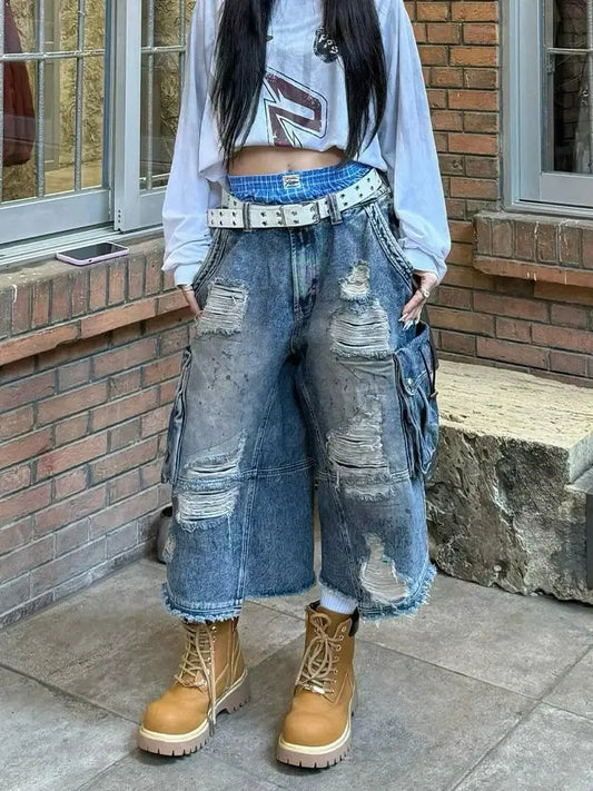 2025 American Vintage Old Baggy Slim Machete Denim Shorts Female Y2K Harajuku Hot Girl Washed Hole Denim Cropped Pants Tide JNi3 shop