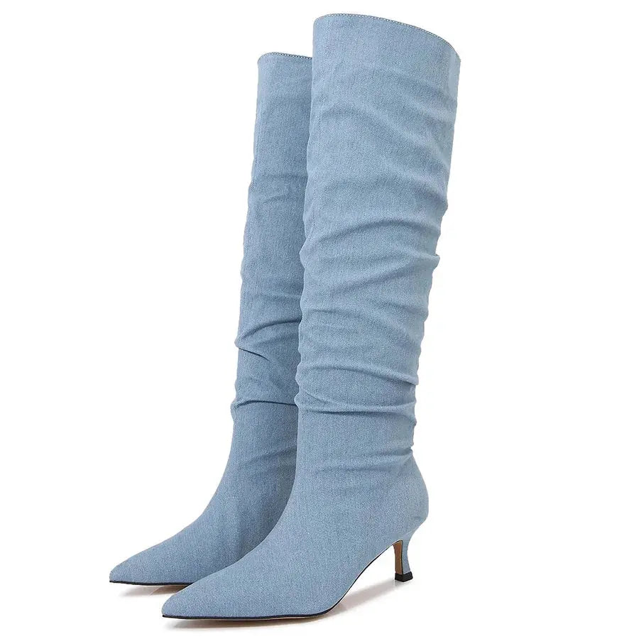 Sexy Ladies Jeans over the knee boots pointed toe thin high heels denim long botas mujer pleated blue jeans botines big size 43 JNi3 shop