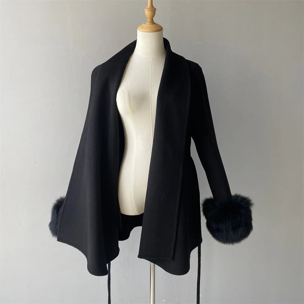 Jxwatcher Women's Wool Coats with Real Fur Cuffs Ladies Fall Fashion Wool & Blend Coats Elegant Winter Outerwear