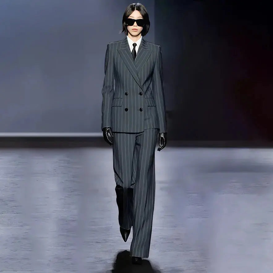 Dark Blue Stripes Women Suit Customized Double-breasted Peak Lapel Two Pieces(Jacket+Pants) Business Office Lady Competent Set JNi3 shop