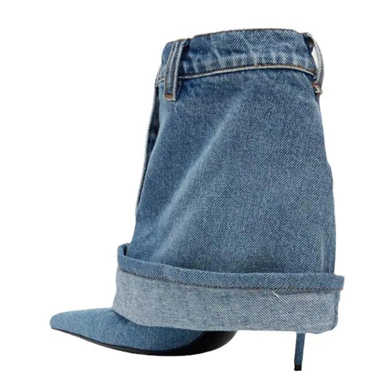 Pointed-toe Washed Denim Pantskirt Stiletto Heel Ankle Boots Cjdropshipping