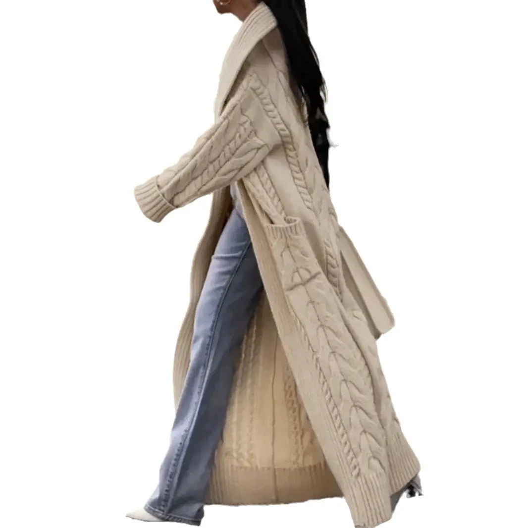 Women's Solid Color Thick Hemp Flowers Large Lapel Long Cardigan Sweater Coat Cjdropshipping