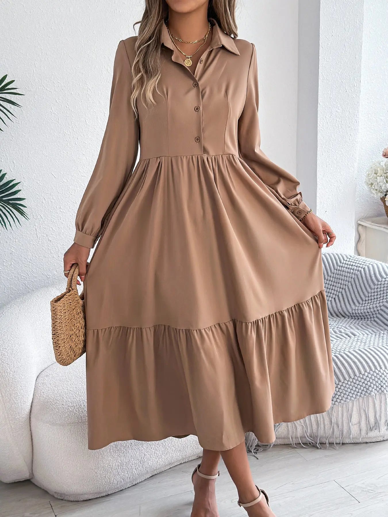 Women's Lapel Casual Loose Long Sleeve Ruffled Shirt Dresses JNi3 shop