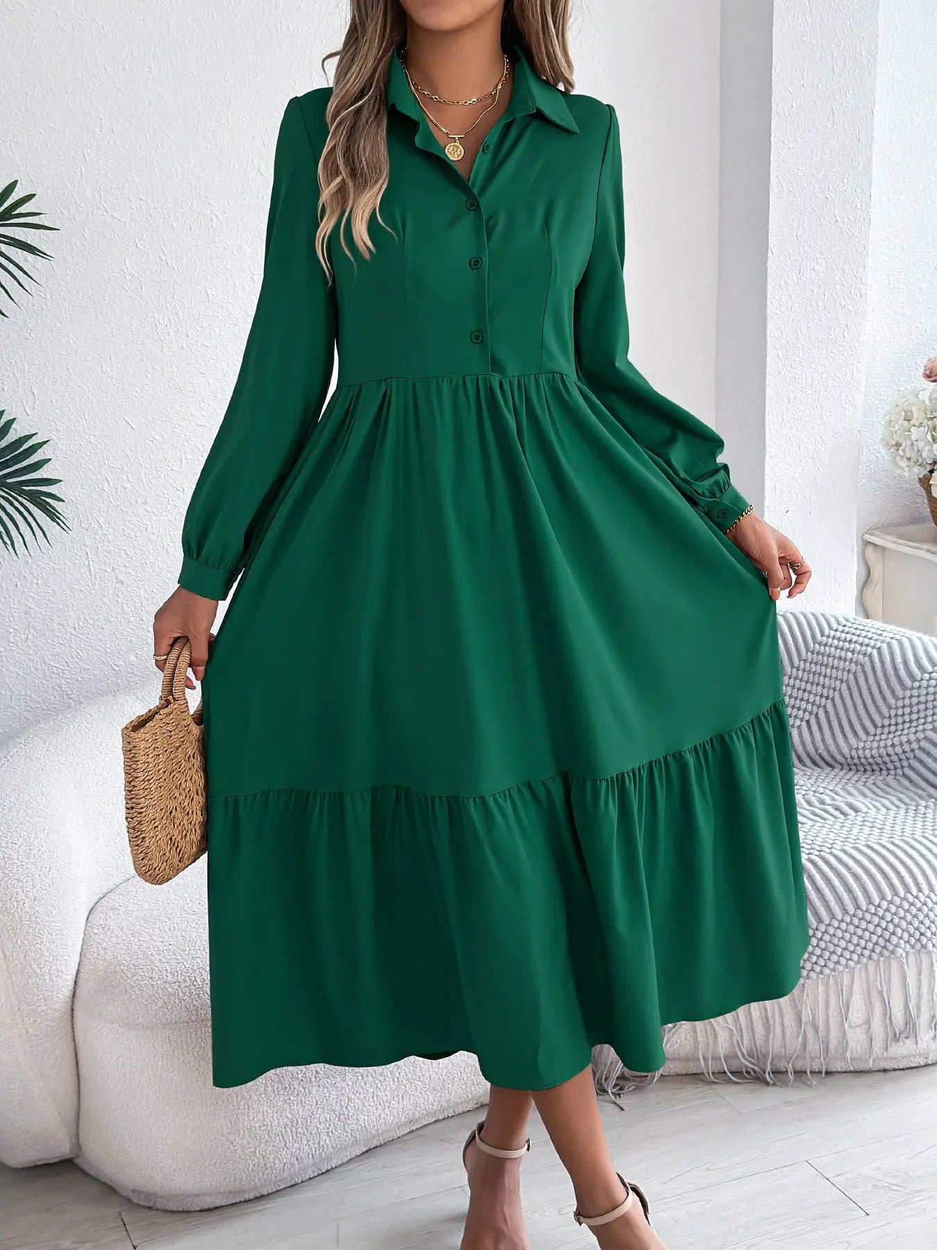 Women's Lapel Casual Loose Long Sleeve Ruffled Shirt Dresses JNi3 shop