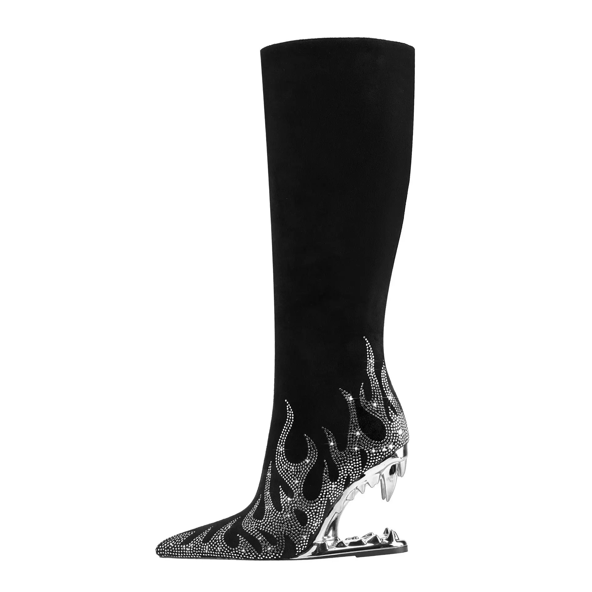 European And American Style Tiger Tooth Profiled Heel Skinny Stretch Boots Rhinestone Flame Dropshipman