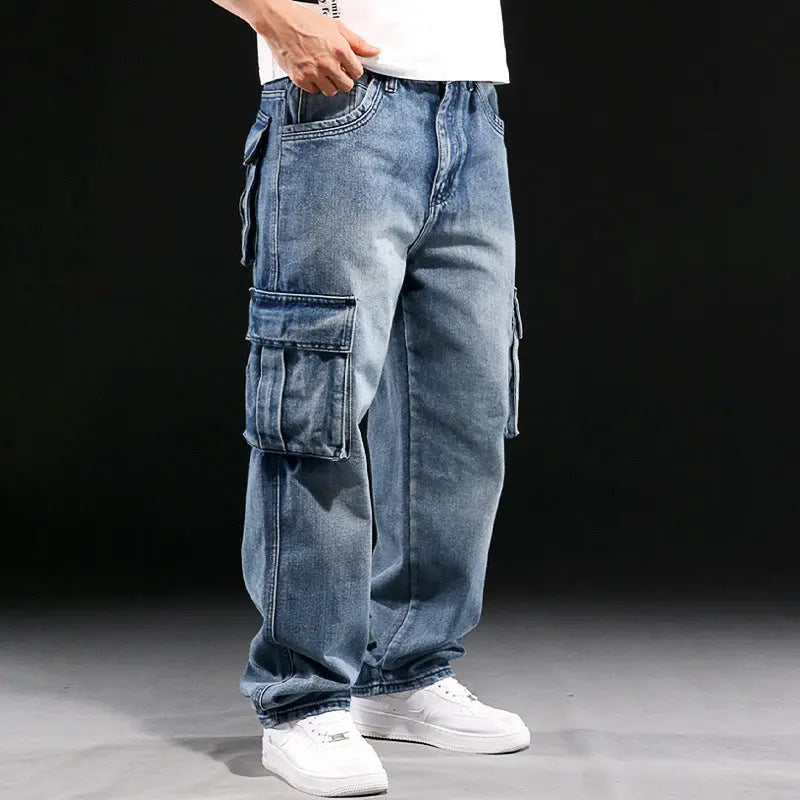 Multi-pocket Workwear Jeans Men's Wide Leg Loose Plus Size JNi3 shop