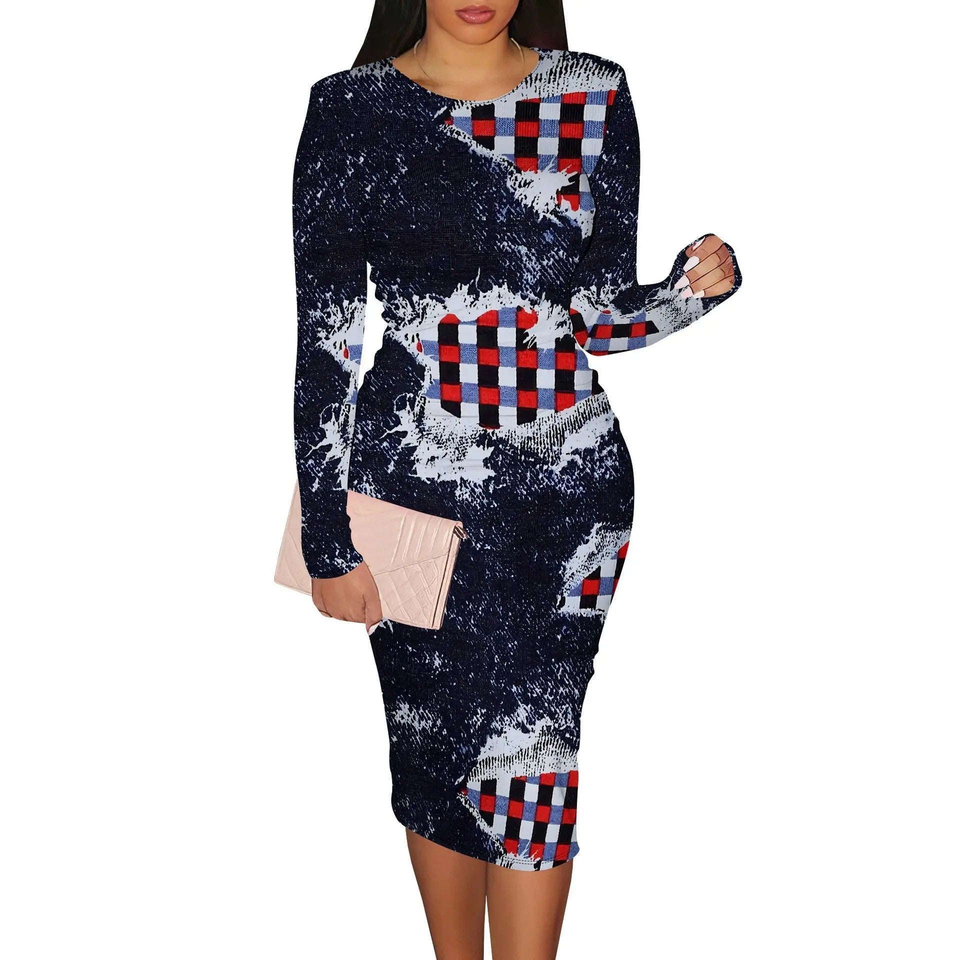 Women's Casual Printed Long-sleeve Round-collar Dress JNi3 shop