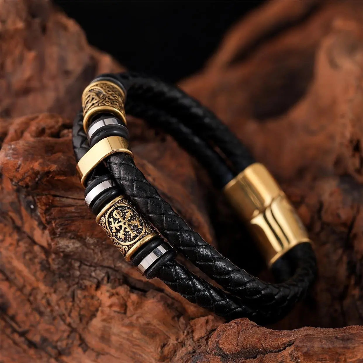 Stainless Steel Gold Double Bar Leather Hand Braided Bracelet Cjdropshipping