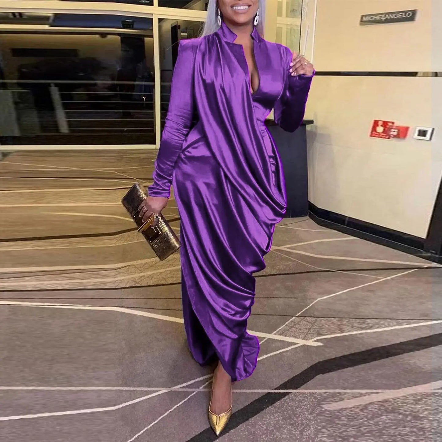 Deep V Pleated Slim-fit Long Sleeve Dress JNi3 shop