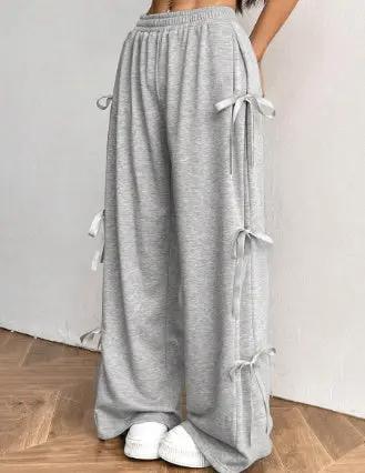Elastic Waist Solid Color Bow Lace Up Casual Straight-leg Pants Cjdropshipping