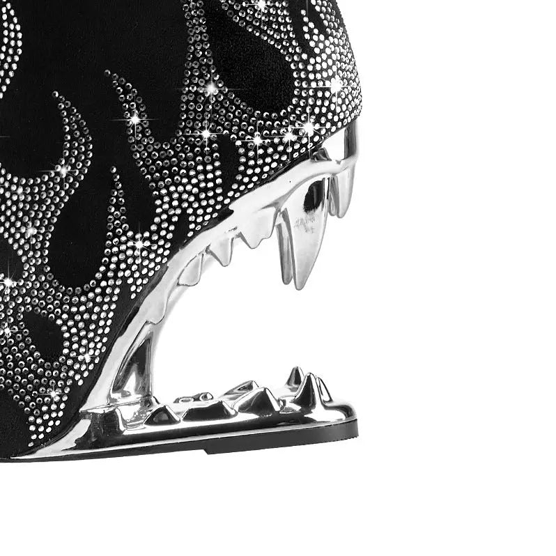 European And American Style Tiger Tooth Profiled Heel Skinny Stretch Boots Rhinestone Flame Dropshipman