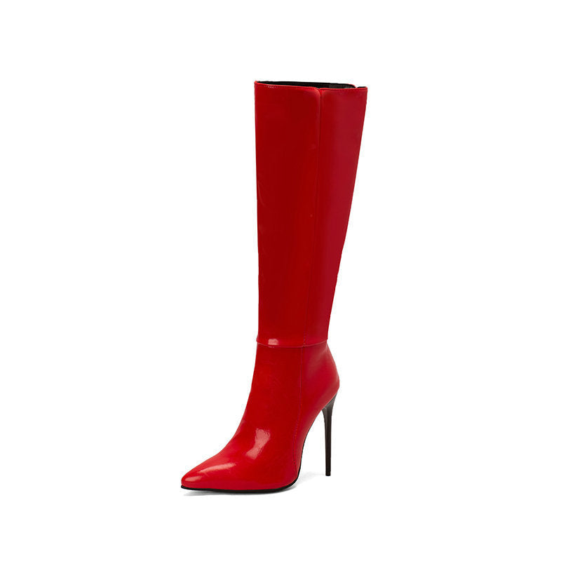 Autumn And Winter New Women Pointed Toe Stiletto Heel Side Zipper Below The Knee Boots