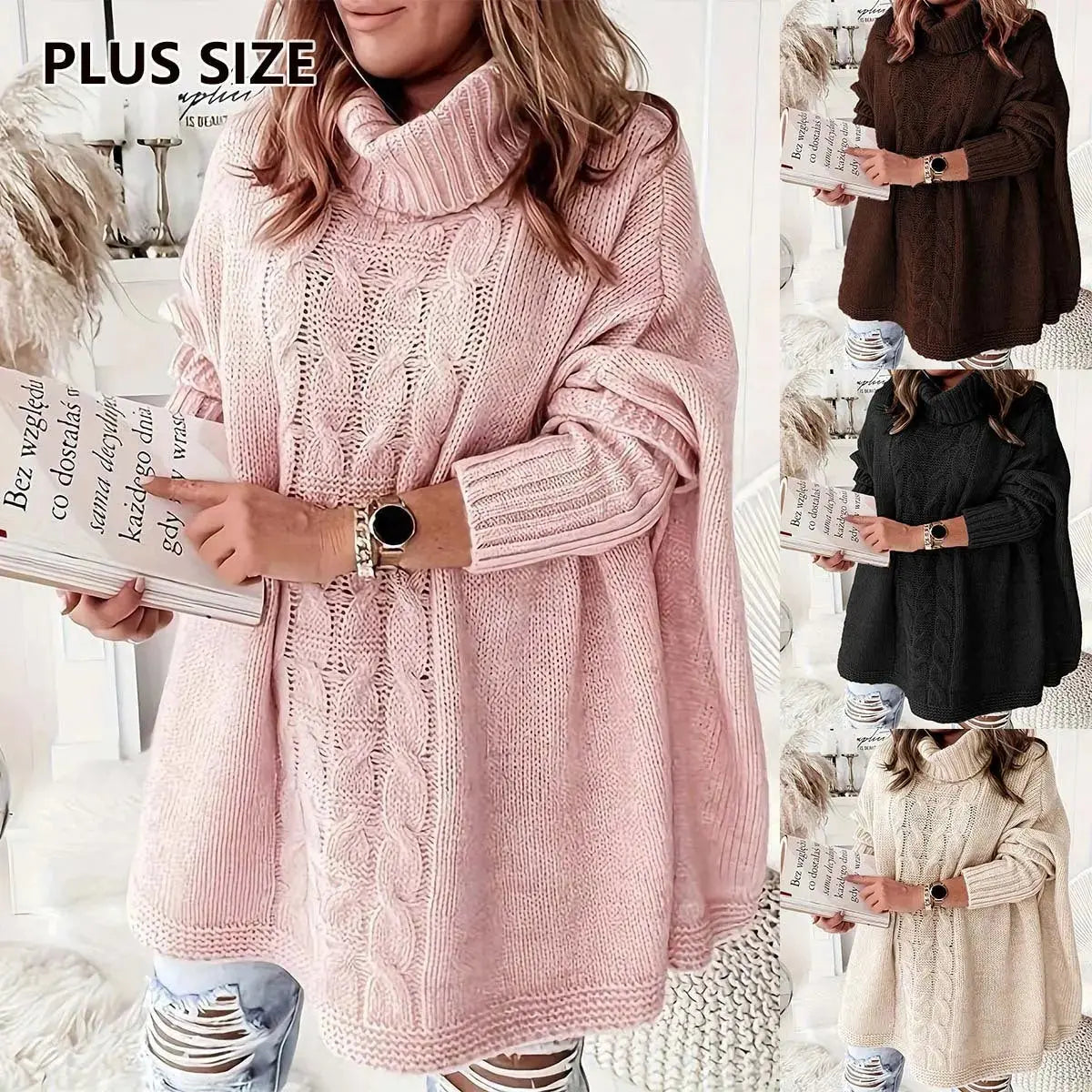 Lapel Batwing Sleeve Loose Casual Plus Size Women's Knitting Sweater JNi3 shop