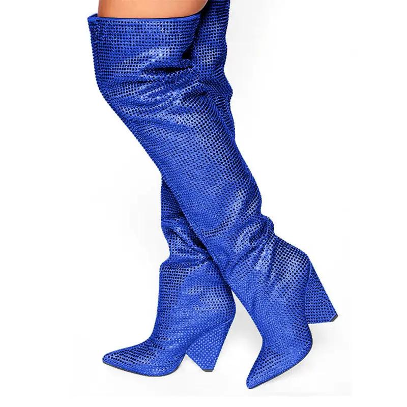 Pointed Tapered Heel Wedge Starry Rhinestone Plus Size Below The Knee Boots Cjdropshipping