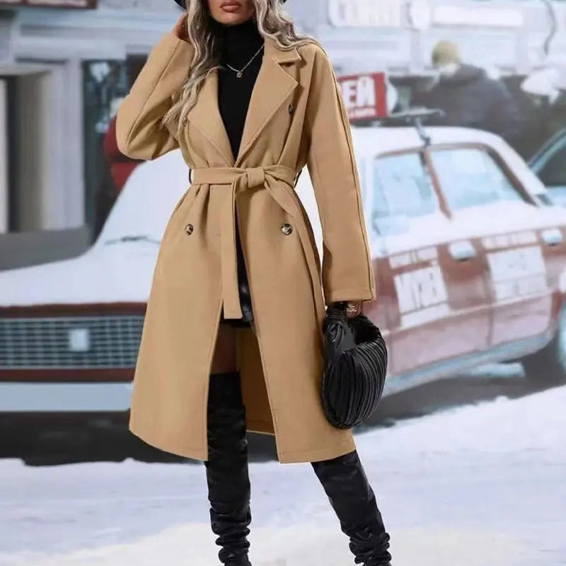 Lapel Double-breasted Trench Coat With Belt Winter Fashion Solid Color Long Jacket Outwear Women Clothing Cjdropshipping