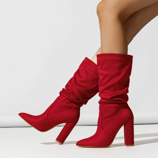 New Chunky Heel Pointed-toe Fashion High Heel Pile Style Boots Dropshipman