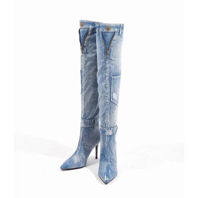 New Denim Over The Knee Elegant Slim Heel High Heel Riding Boots Cjdropshipping