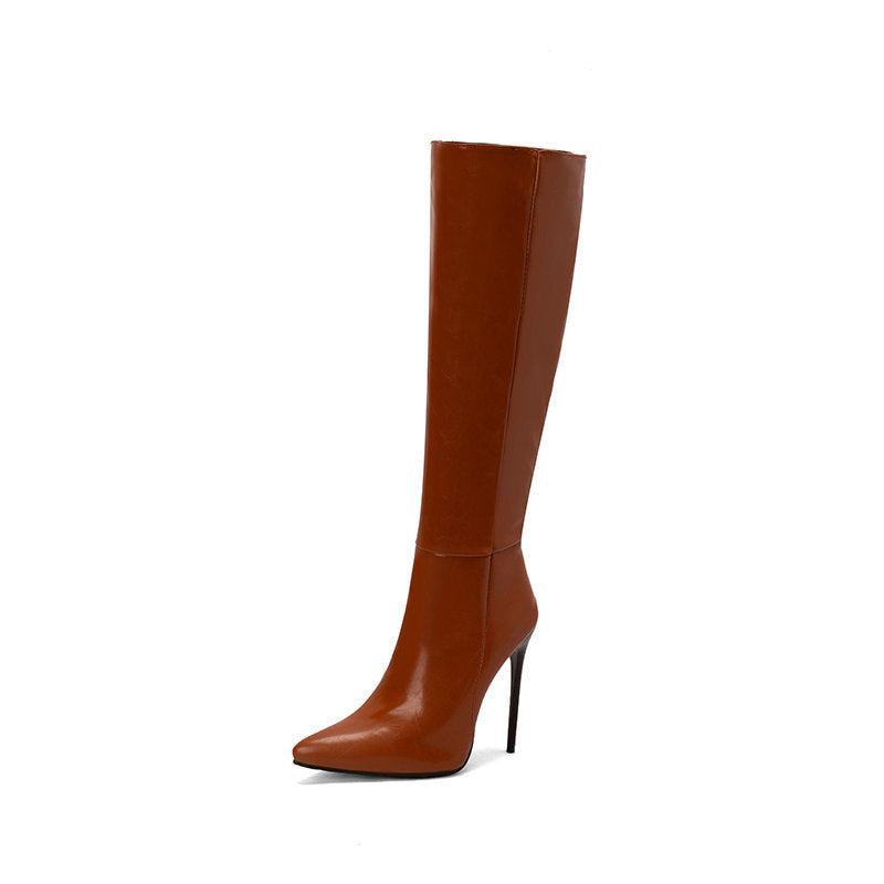 Autumn And Winter New Women Pointed Toe Stiletto Heel Side Zipper Below The Knee Boots