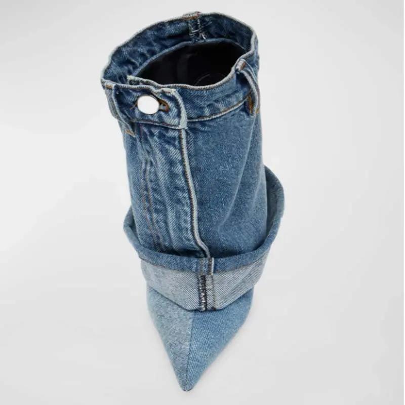 Pointed-toe Washed Denim Pantskirt Stiletto Heel Ankle Boots Cjdropshipping