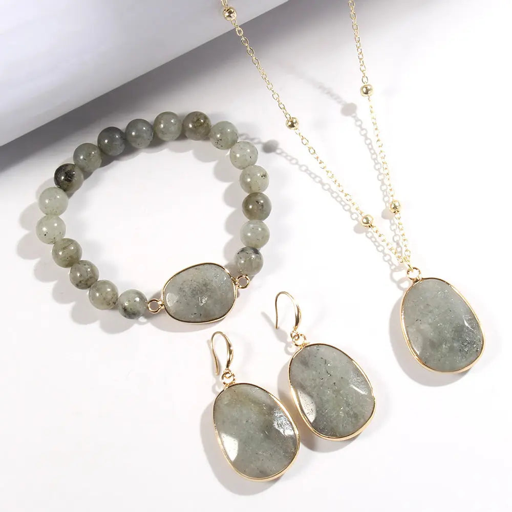 Gold Chain Necklace Natural Stone Bracelet Earrings Women's Jewelry Set Cjdropshipping