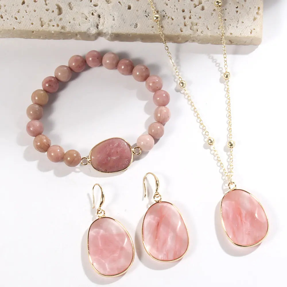 Gold Chain Necklace Natural Stone Bracelet Earrings Women's Jewelry Set Cjdropshipping