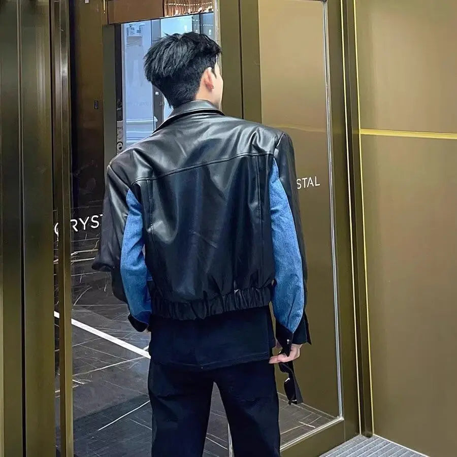 High-grade Stitching PU Leather Coat Cross-border Denim Coat Dropshipman