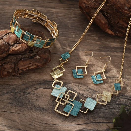 Color Painting Oil Geometric Square Ear Studs Bracelet And Necklace Set JNi3 shop