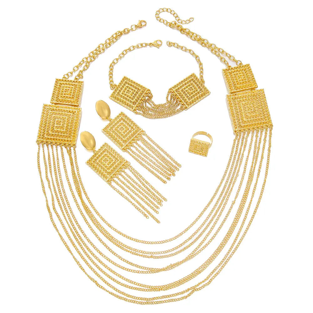 5pcs Fashion Ladies 18k Gold Plated Jewelry Set Tassel For Holiday Wear, Wedding Scene Jewelry, Multi-layered Temperament Wedding Jewelry - JNi3 shop