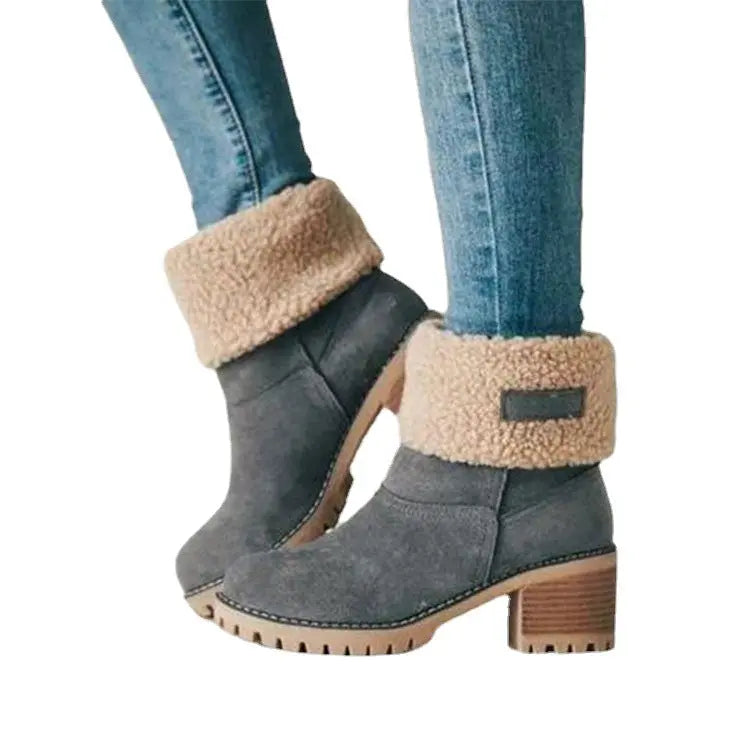Suede Ankle Boots Adjustable Foldable Mid-Calf Boot Winter Flock Square Heels Shoes Fashion Plush Warm Platform Non-Slip Shoes Dropshipman