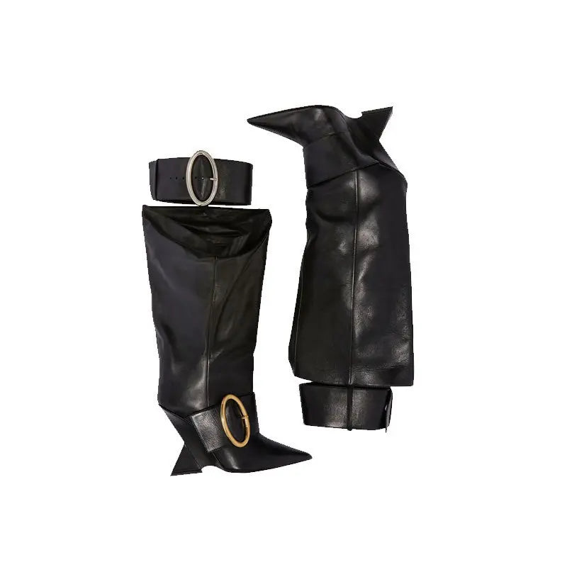 High-profile Wedge Sleeve Pointed Slip-on Strap Large Fastener Boots Dropshipman