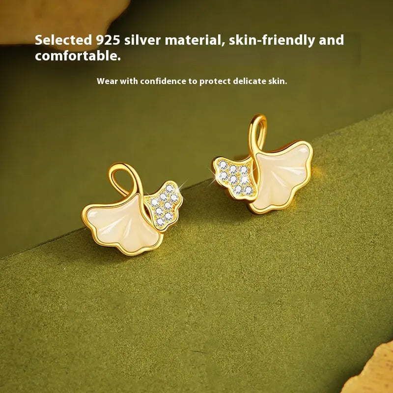 Niche Design Ancient Style Sansheng Apricot Hetian Jade Ear Studs - JNi3 shop
