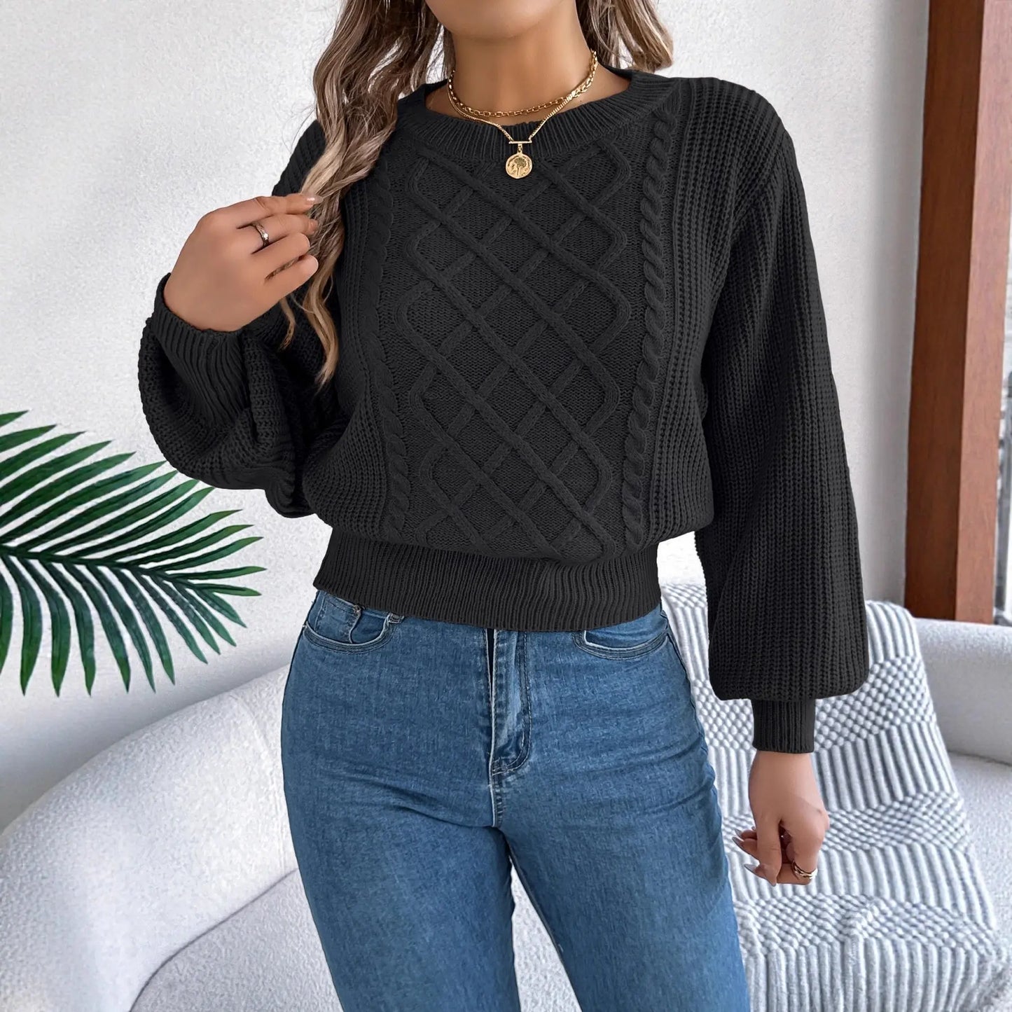 Solid Color Twist Lantern Long Sleeve Fitted Waist Sweater Women's Clothing JNi3 shop