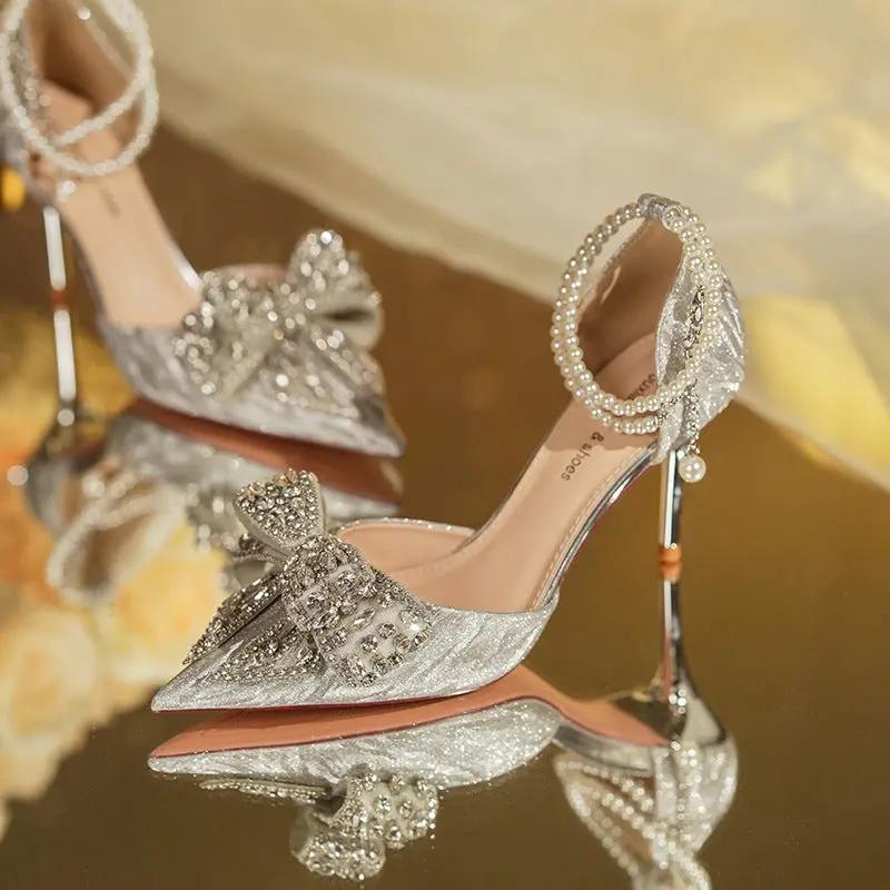 Rhinestone Bow Pointy Hollow Pearl Heels Cjdropshipping