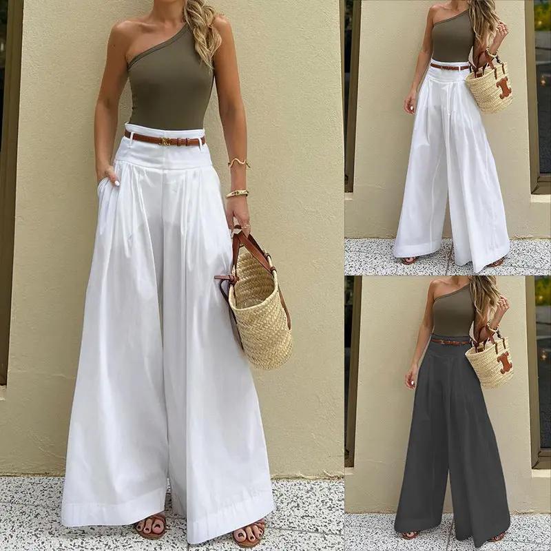 Women's Autumn Fashion Temperament Pure Color High Waist Wide Leg Casual Trousers Cjdropshipping