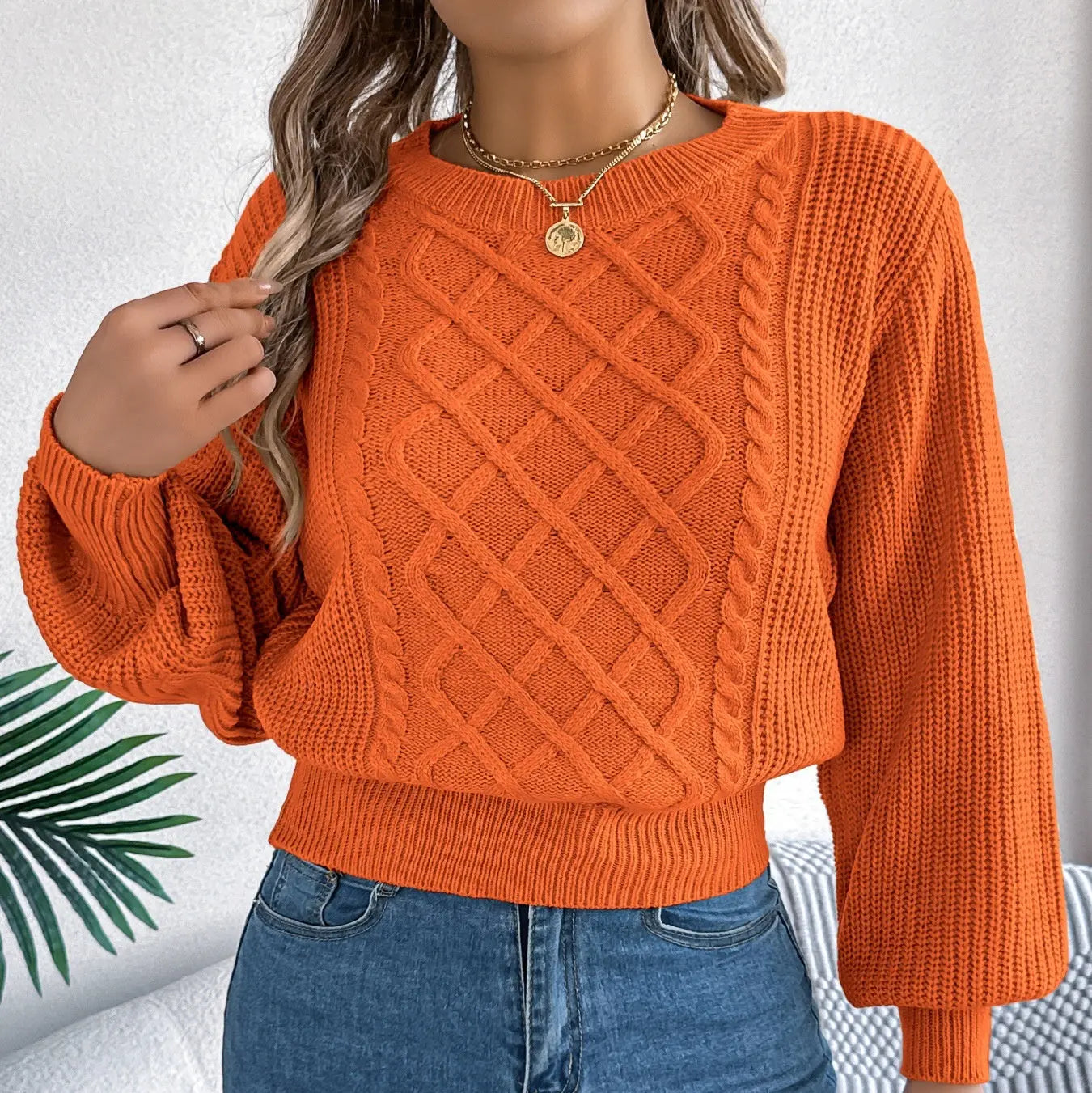 Solid Color Twist Lantern Long Sleeve Fitted Waist Sweater Women's Clothing JNi3 shop