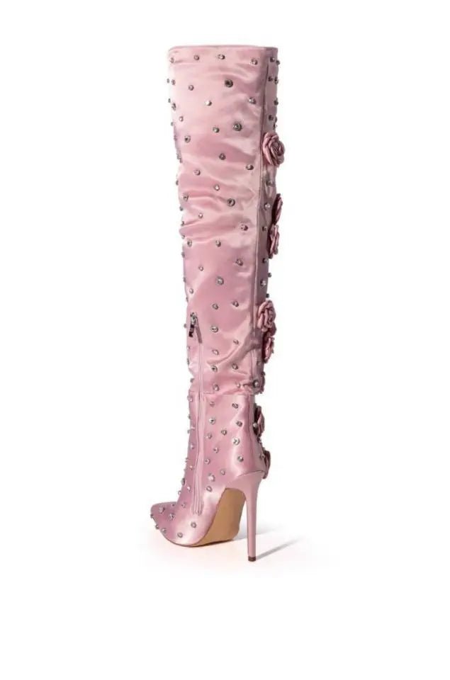 Silk Cloth Rivet Rose Over-the-knee Boots Dropshipman