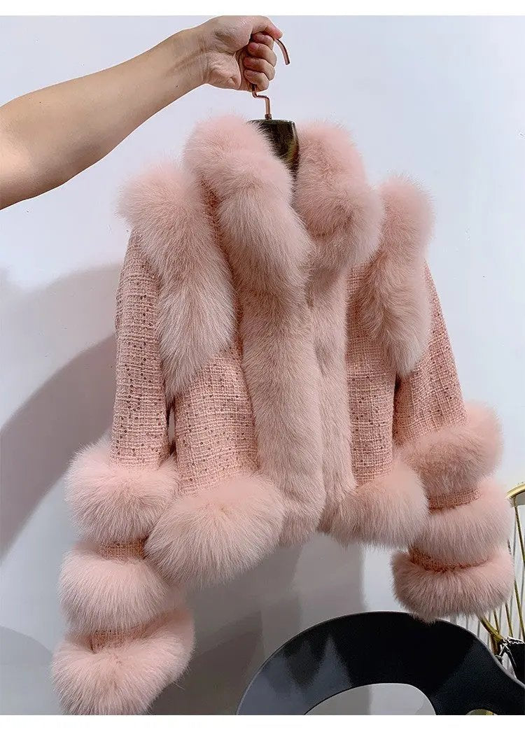 Winter New Fox Fur Tweed Woollen Stitching Top Short Women's Coat Cjdropshipping