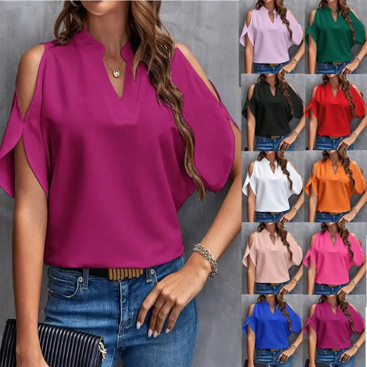 V-neck Graceful And Fashionable Off-the-shoulder Sleeves Women's Top JNi3 shop