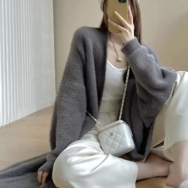 Mink-like Wool Cardigan Loose Size Thickened Mid-length Idle Style Knitted Coat JNi3 shop