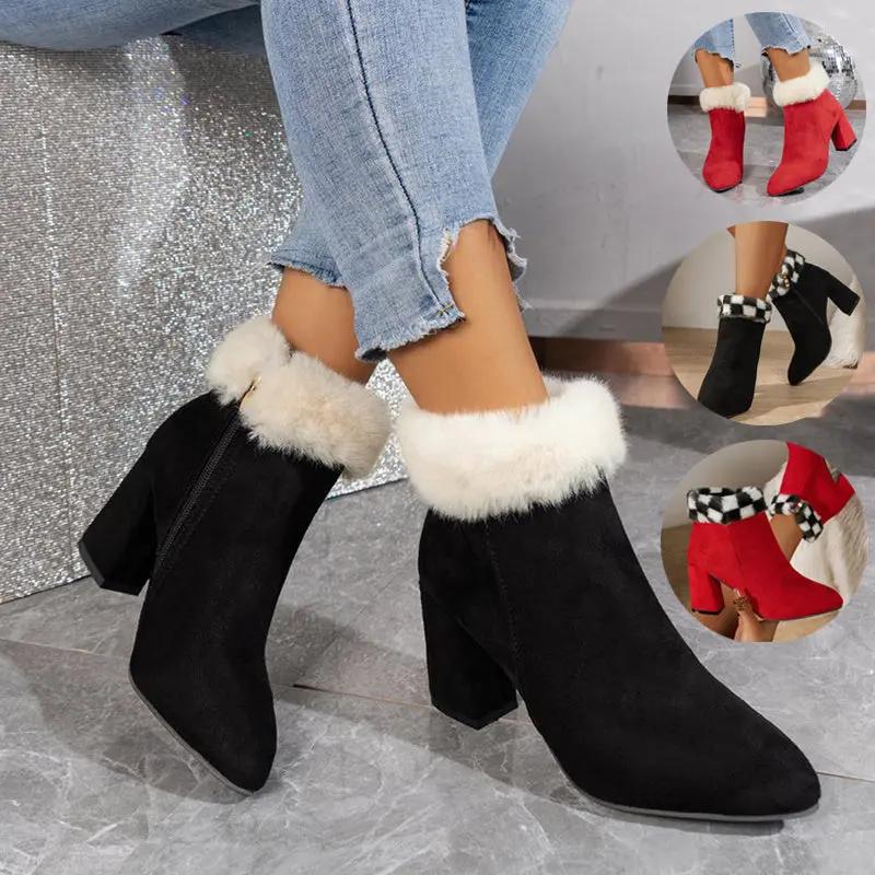 New Plaid Print Plush Ankle Boots Winter Fashoin Square Heel Suede Boots Women Casual Versatile Shoes Autumn And Winter Cjdropshipping