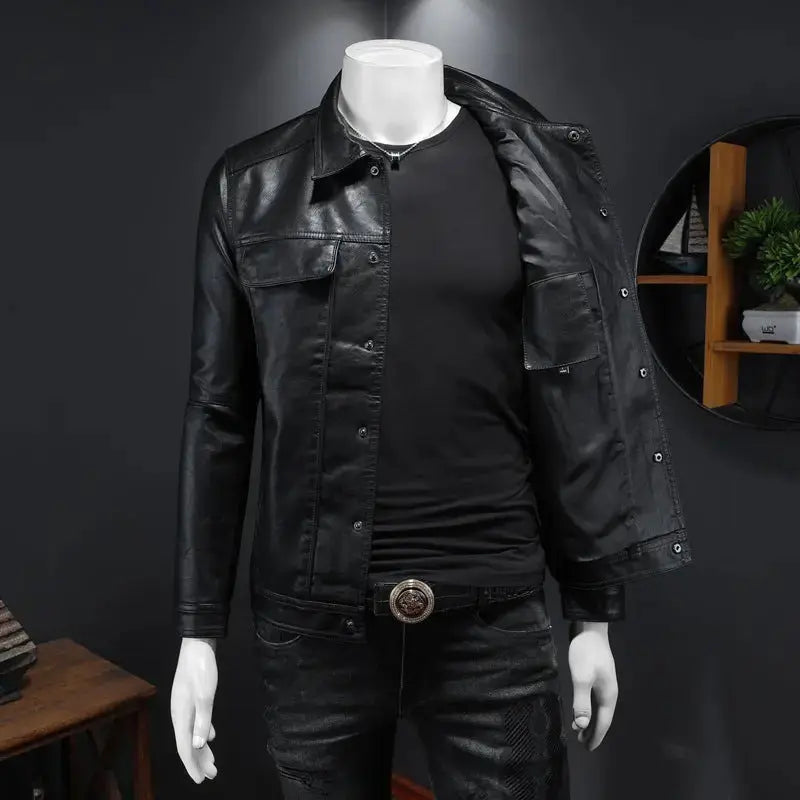 Men's Long-sleeved Lapel Motorcycle Pu Handsome Leather Coat Cjdropshipping
