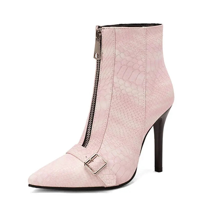 Belt Buckle Front Zipper High Heel Boots Dropshipman