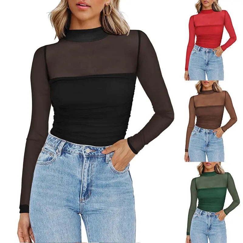 Round Neck Mesh Stitching Sheer Long Sleeve JNi3 shop