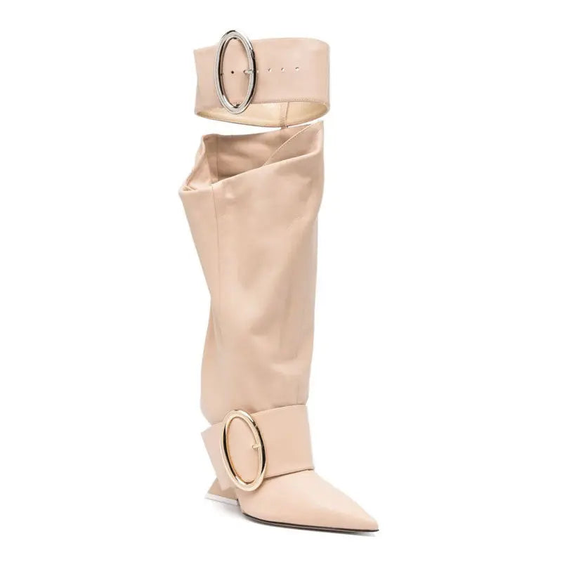 High-profile Wedge Sleeve Pointed Slip-on Strap Large Fastener Boots Dropshipman