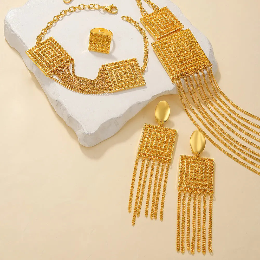 5pcs Fashion Ladies 18k Gold Plated Jewelry Set Tassel For Holiday Wear, Wedding Scene Jewelry, Multi-layered Temperament Wedding Jewelry - JNi3 shop