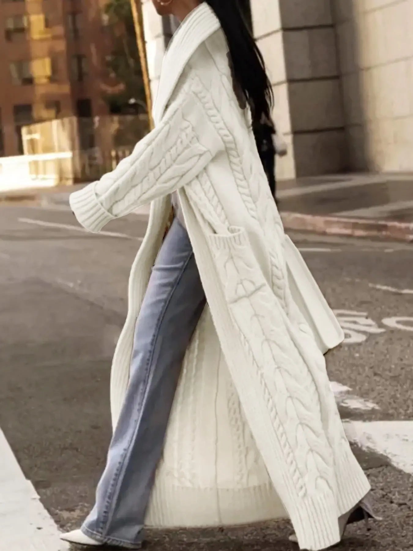 Women's Solid Color Thick Hemp Flowers Large Lapel Long Cardigan Sweater Coat Cjdropshipping