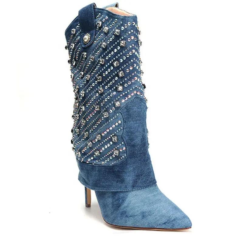 Heavy Industry Pointed Toe Stiletto Rhinestone Women's Boots Jeans Pipe Boots Cjdropshipping