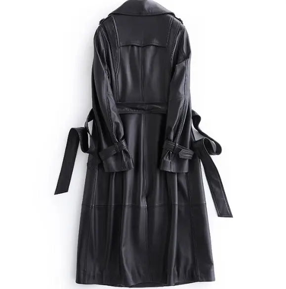 Black Long Tie Double Breasted Leather Wind Coat - JNi3 shop