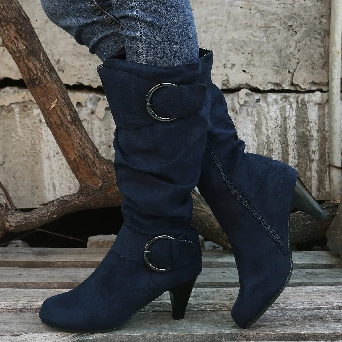 High Tube Below The Knee Round Head Buckle Women Boots JNi3 shop